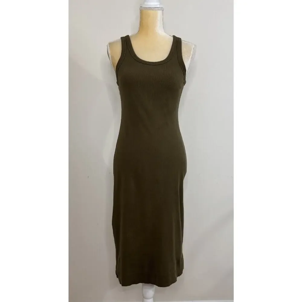Everlane The Ribbed Tank Midi Dress Size XS Olive Green Organic Cotton Knit - Picture 3 of 13
